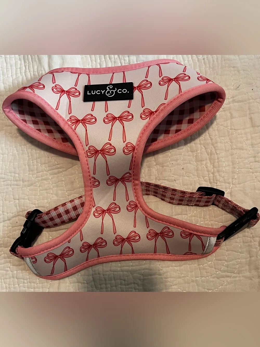 Lucy & Co. Pink Bow & Gingham Dog Harness - Cute Adjustable Small Breed Harness